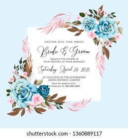 Watercolor blue rose wedding invitation vector floral template