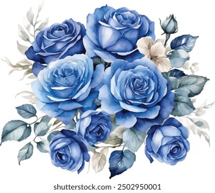 Watercolor blue roses bouquet illustration. Hand draw rose flower