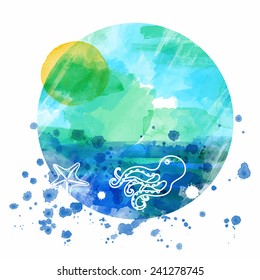 Watercolor blue sea vector background with octopus. 