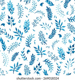 Watercolor blue seamless pattern. Hand-drawn nature background. Vector illustration.