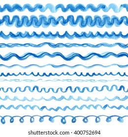 Watercolor Blue Seamless Pattern,line Borders,hand Painting Background.Vector Blue Wavy Brush,cyan Color.Water Artistic Texture.Watercolor Design Template.Summer Holiday,vacation Line Background,blue