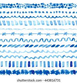 Watercolor blue seamless pattern,line borders,hand painting background.Vector blue wavy brushes,cyan color.Water artistic texture.Bright design template.Summer Holiday,vacation line background.