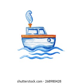 Watercolor blue ship floating in the sea