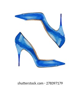 Watercolor blue shoes with high heels. Hand drawn isolated fashion illustration on white background. Vector