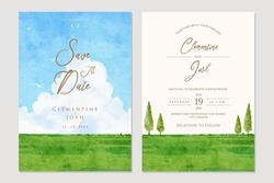 Ciel Bleu à L'aquarelle Grand Nuage Arrière-plan Paysage Ensemble D'invitations De Mariage