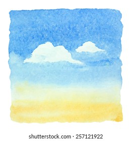 Watercolor blue sky and clouds background. Vector illustration.