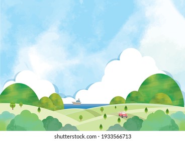 Watercolor blue sky and mountain and hill landscape