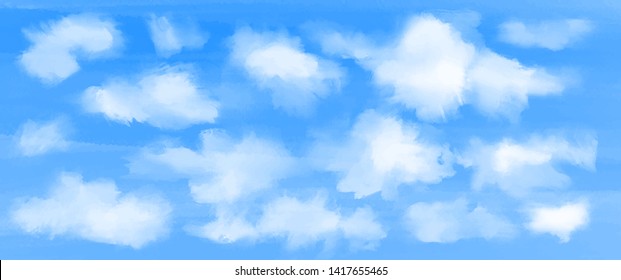 Watercolor Blue Sky With White Clouds. Background. Texture