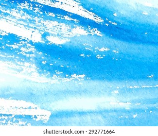 Watercolor blue splash hand drawn paper texture torn background. Wet brush painted smudges and strokes abstract vector illustration. Design water element for template, decoration, print, cover, banner