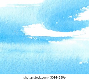 Watercolor blue splash hand drawn paper texture. Wet brush painted abstract artistic illustration. Water strokes torn background. Design element for banner, print, template, web, decoration, cover