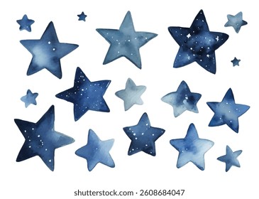 Watercolor blue stars. Set of watercolor stars isolated on white background.