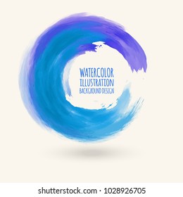 Watercolor blue texture. Ink round stroke on white background. Simple style. Vector illustration of grunge circle stains.