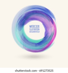 Watercolor blue texture. Ink round stroke on white background. Simple style. Vector illustration of grunge circle stains.