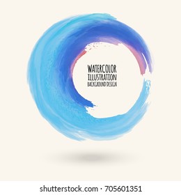 Watercolor blue texture. Ink round stroke on white background. Simple style. Vector illustration of grunge circle stains.