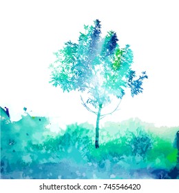 Watercolor blue tree. Vector