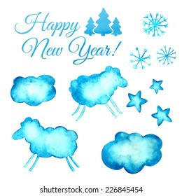 Watercolor blue vector background. Christmas set. 