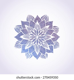 Watercolor blue violet mandala. Geometric circled element for design. Watercolor flower pattern on white background. Vector illustration in oriental indian style