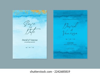 Watercolor blue wedding invite card template design