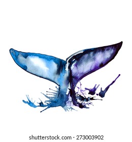 Watercolor blue whale tail, vector