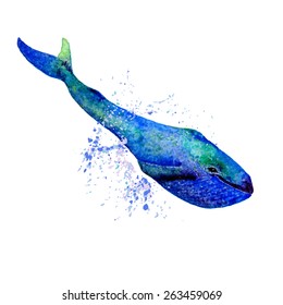 Watercolor Blue Whale & Water Splash Logo vector design template.  Whale mascot, team logo. Ocean Wildlife logotype. Elegant concept for Aquarium, Swimming Lessons, Painting courses & Eco Tourism.