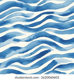 Watercolor blue and white wave pattern,  stripe seamless pattern, Vector illustration background for print the paper.