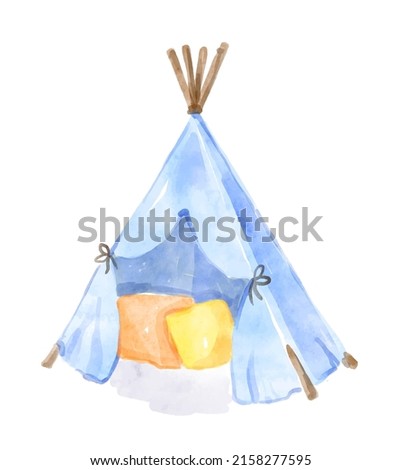 Watercolor blue wigwam with pillows. Hand-drawn illustration isolated on the white background