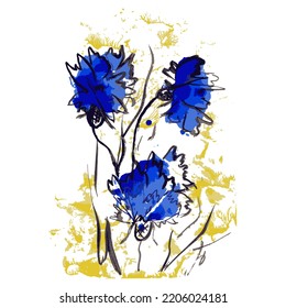 Watercolor blue wild flowers on yellow blurred spot.Vector flowers for textile isolated on white background