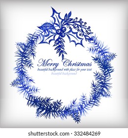 Watercolor blue winter wreath.Vector illustration