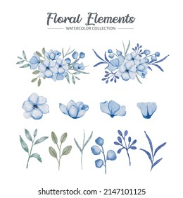 Watercolor blue yellow floral elements collection 