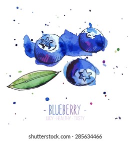Watercolor blueberries with splashes in free style. Fresh and juicy colors. Hand drawn isolated on white background. Vector illustration