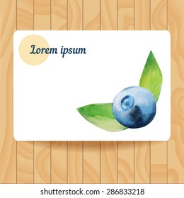 Watercolor blueberries. Vector, isolated. Illustration for cooking site, menus, books.
Card on wooden texture.