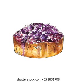 Watercolor blueberry cake for card, menu, postcard and illustration. Isolated