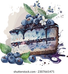 Watercolor Blueberry Cake, Vector, illustration