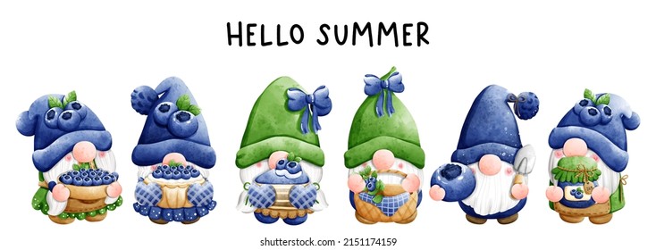 Watercolor blueberry gnomes, vector illustration