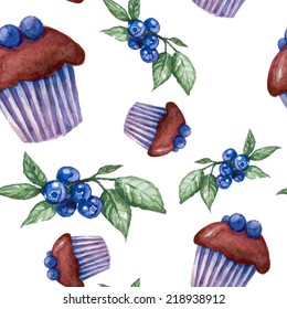 Watercolor blueberry muffins pattern. Seamless hand painted texture.