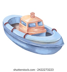 Watercolor boat illustration. Watercolor toys. Cute cartoon ship
