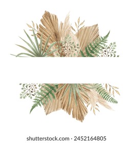 watercolor bohemian floral background frame with dry leaves and fern	