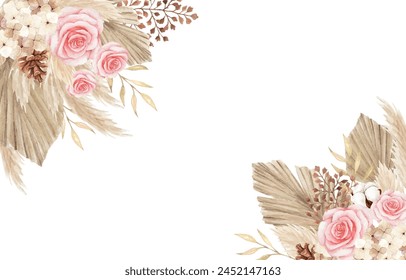 Aquarell Bohemian Blumenrahmen mit Rosen und getrockneten Blättern	