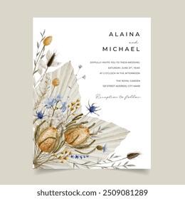 Watercolor Bohemian Neutral Dried Floral Wedding Invitation with Blue and Yellow Accent Flower