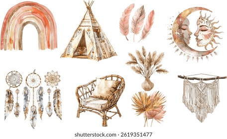Aquarela Boho Clipart Coleção Com Penas Arco-Íris Sol Lua Dreamcatcher E Elementos De Decoração