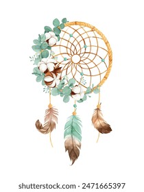 Watercolor Boho Dream Catcher with Dried Cotton Flower and Eucalyptus Leaves Perfect for Home decor