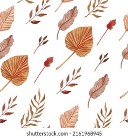 Watercolor boho flower pattern. Pampass and palm leaves. Vector illustration