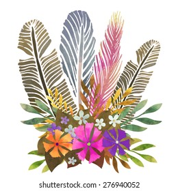 Watercolor boho posy, feathers, flowers, leafs closeup isolated on white background set. Art rustic design element, hand drawn