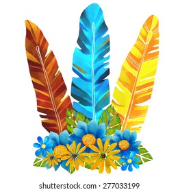 Watercolor boho posy, feathers, flowers, leafs closeup isolated on white background set. Art rustic design element, hand drawn