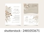 Watercolor Boho Wedding Invitation Template, Neutral beige bohemian wedding invitation with palm spear, pampas grass, poppy pods and bunny tails grass