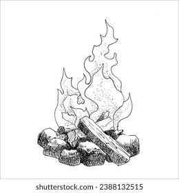 Watercolor bonfire with wood on the campfire camp place. Hand drawn illustration isolated on white background. Used for traveling, trip, hiking, camper, nature, fishing