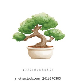 Watercolor of Bonsai Tree, Japanese Culture. Travel and Landmark. Vector Illustration