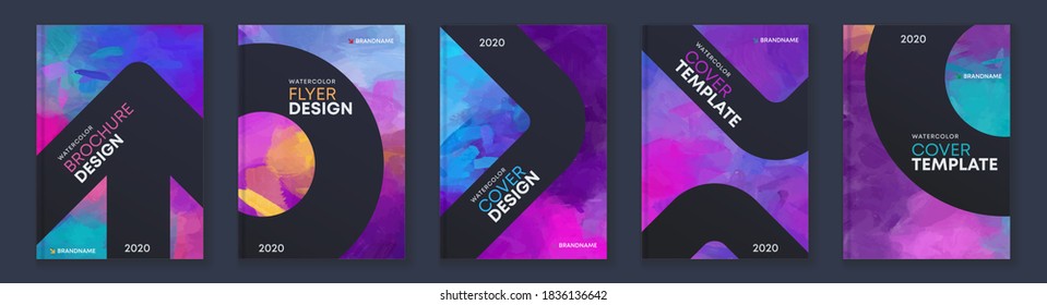 Watercolor booklet brochure colourful abstract cover template bundle set with black background