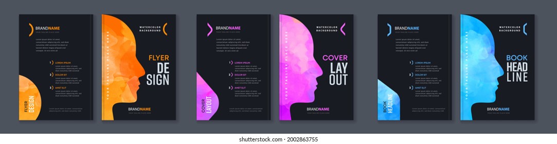 Watercolor booklet colourful cover bundle set with head profile silhouette, template for psychology book