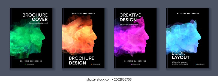 Watercolor booklet colourful cover bundle set with head profile silhouette, template for psychology book